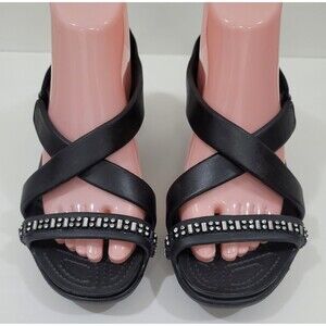 Crocs Cyprus IV Black Heeled Sandals with Rhinestones NEW Sz.9